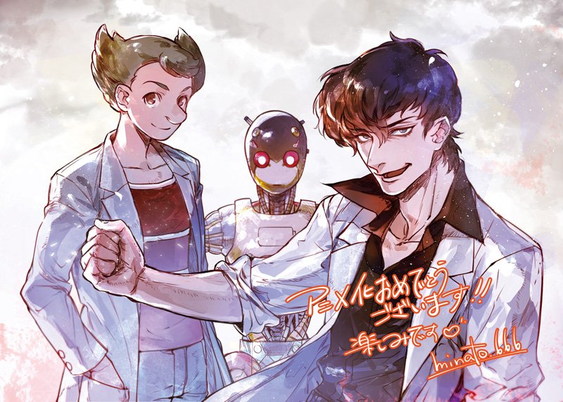 2boys a106 announcement_celebration atom:_the_beginning black_hair brown_hair hands_in_pockets labcoat looking_at_viewer minato.666 multiple_boys ochanomizu_hiroshi open_mouth pointy_hair robot signature sleeves_rolled_up smile tenma_umatarou tetsuwan_atom upper_body