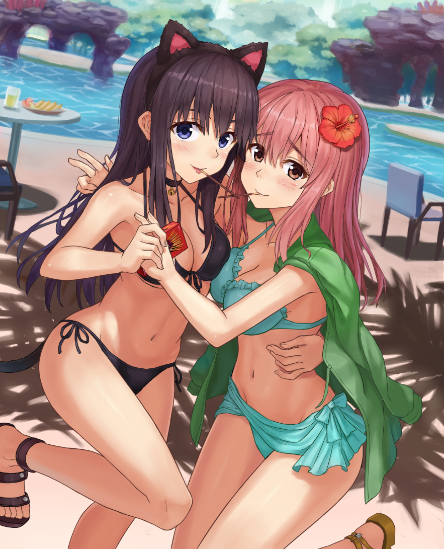 2girls :p animal_ears bangs bikini black_bikini black_hair blue_bikini blush breasts brown_eyes brown_hair cat_ears cat_tail chair cleavage closed_mouth commentary_request day eyebrows_visible_through_hair flower food front-tie_bikini front-tie_top hair_flower hair_ornament hand_on_another's_hip koe_no_katachi long_hair looking_at_viewer medium_breasts mouth_hold multiple_girls navel nishimiya_shouko npcpepper outdoors pocky pool sandals sarong side-tie_bikini sidelocks standing standing_on_one_leg stomach swimsuit table tail tongue tongue_out tree ueno_naoka violet_eyes