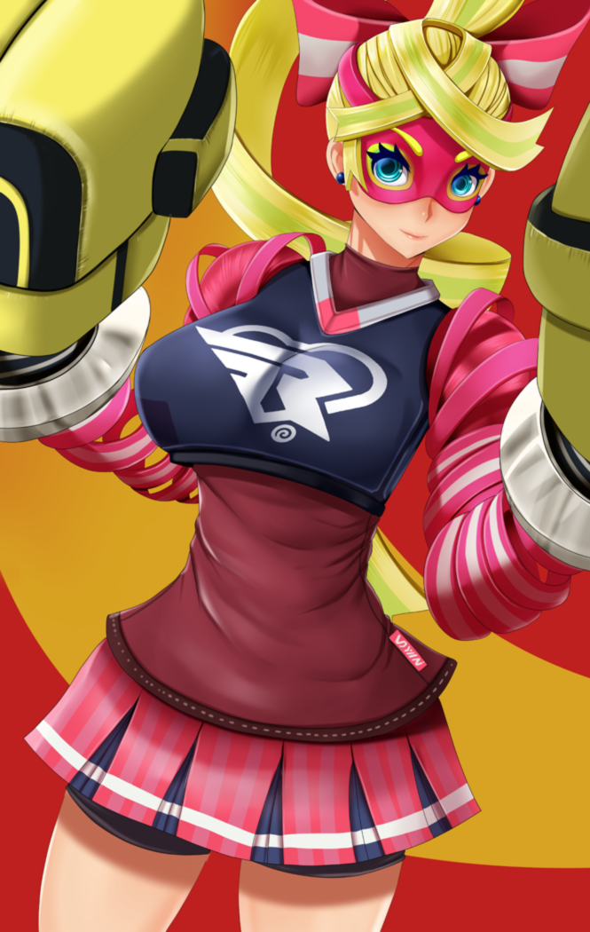 1girl arms_(game) blonde_hair blue_eyes boxing_gloves breasts earrings hair_ribbon janong jewelry lips long_hair looking_at_viewer mask nintendo ribbon ribbon_girl_(arms) skirt smile solo