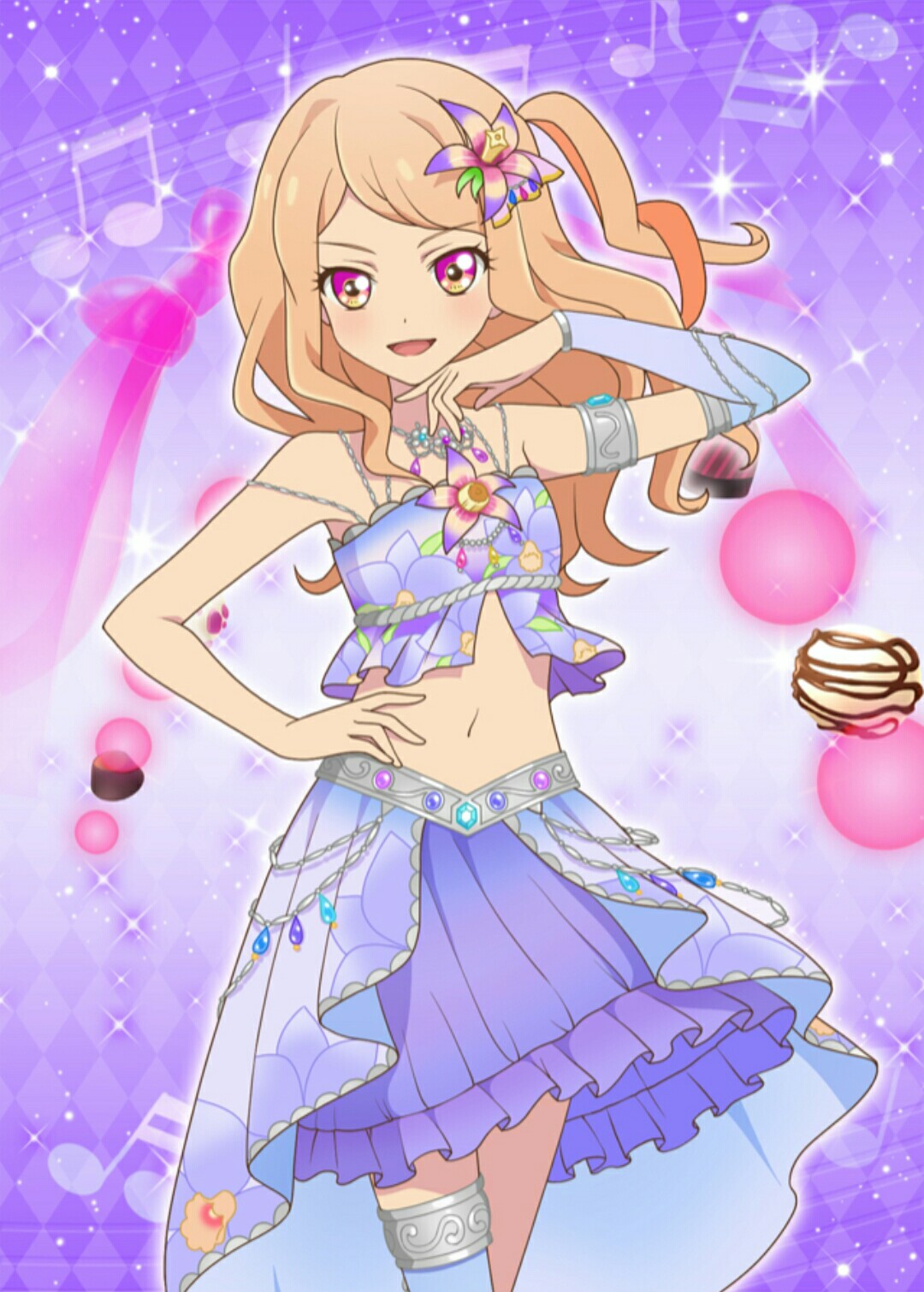 1girl aikatsu! aikatsu!_photo_on_stage!! aikatsu_stars! bare_shoulders beamed_quavers beamed_semiquavers blonde_hair floral_print flower food frilled_skirt frills hair_flower hair_ornament hand_on_hip highlights highres jewelry kasumi_mahiru mochi multicolored multicolored_eyes multicolored_hair musical_note navel necklace orchid pink_eyes purple_background purple_shirt purple_skirt shirt skirt sleeveless smile wagashi