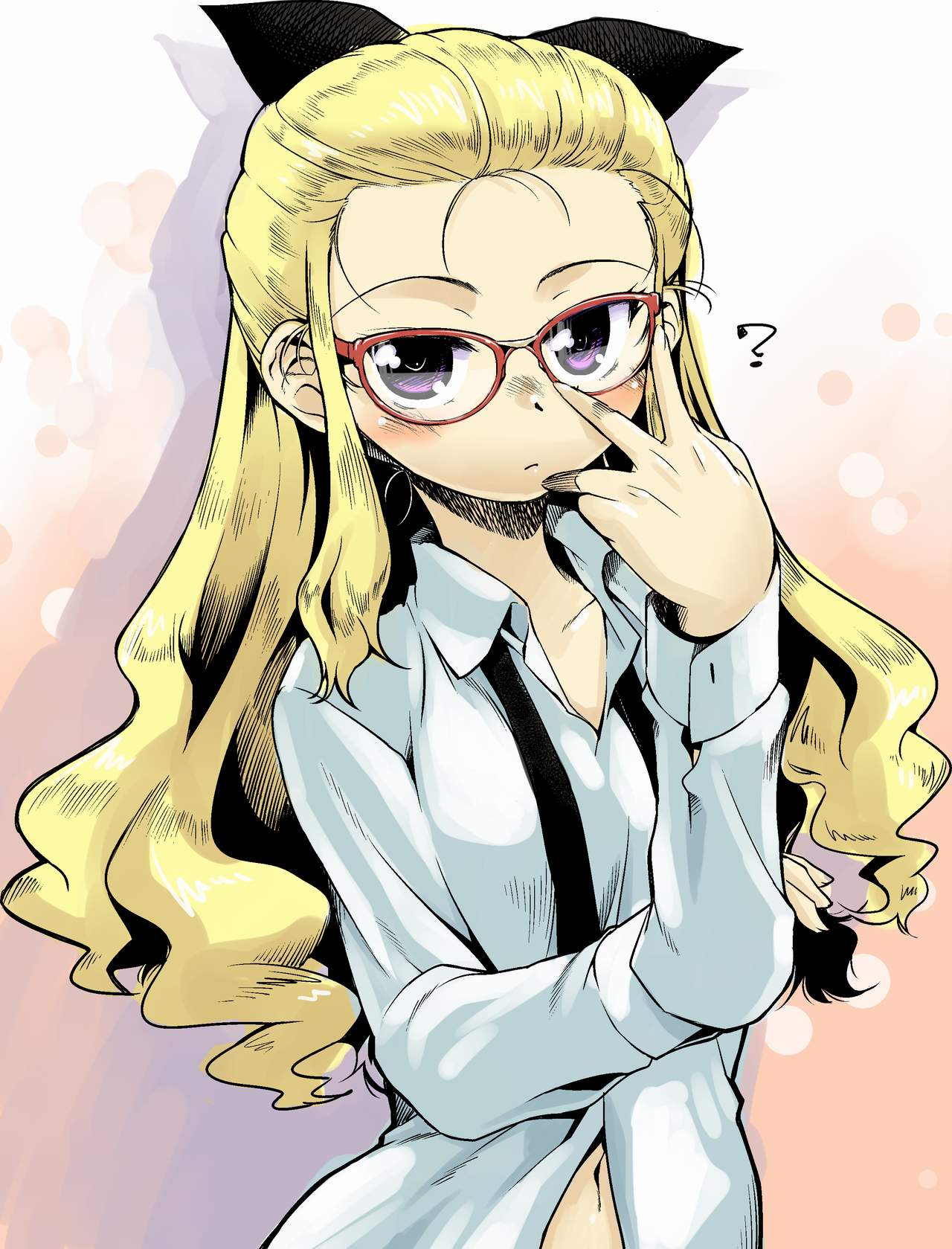 1girl ? adjusting_glasses assam bespectacled black_necktie black_ribbon blonde_hair blue_eyes closed_mouth dress_shirt girls_und_panzer glasses hair_pulled_back hair_ribbon highres long_hair long_sleeves necktie r-ex red-framed_eyewear ribbon shadow shirt solo standing unbuttoned unbuttoned_shirt untied upper_body white_shirt