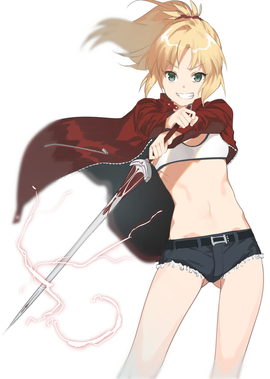 1girl 2l_(2lsize) blonde_hair casual clarent commentary_request fate/apocrypha fate_(series) gluteal_fold green_eyes grin highres holding holding_sword holding_weapon jacket long_hair looking_at_viewer midriff navel ponytail red_jacket saber_of_red short_shorts shorts smile solo sword thigh_gap weapon white_background