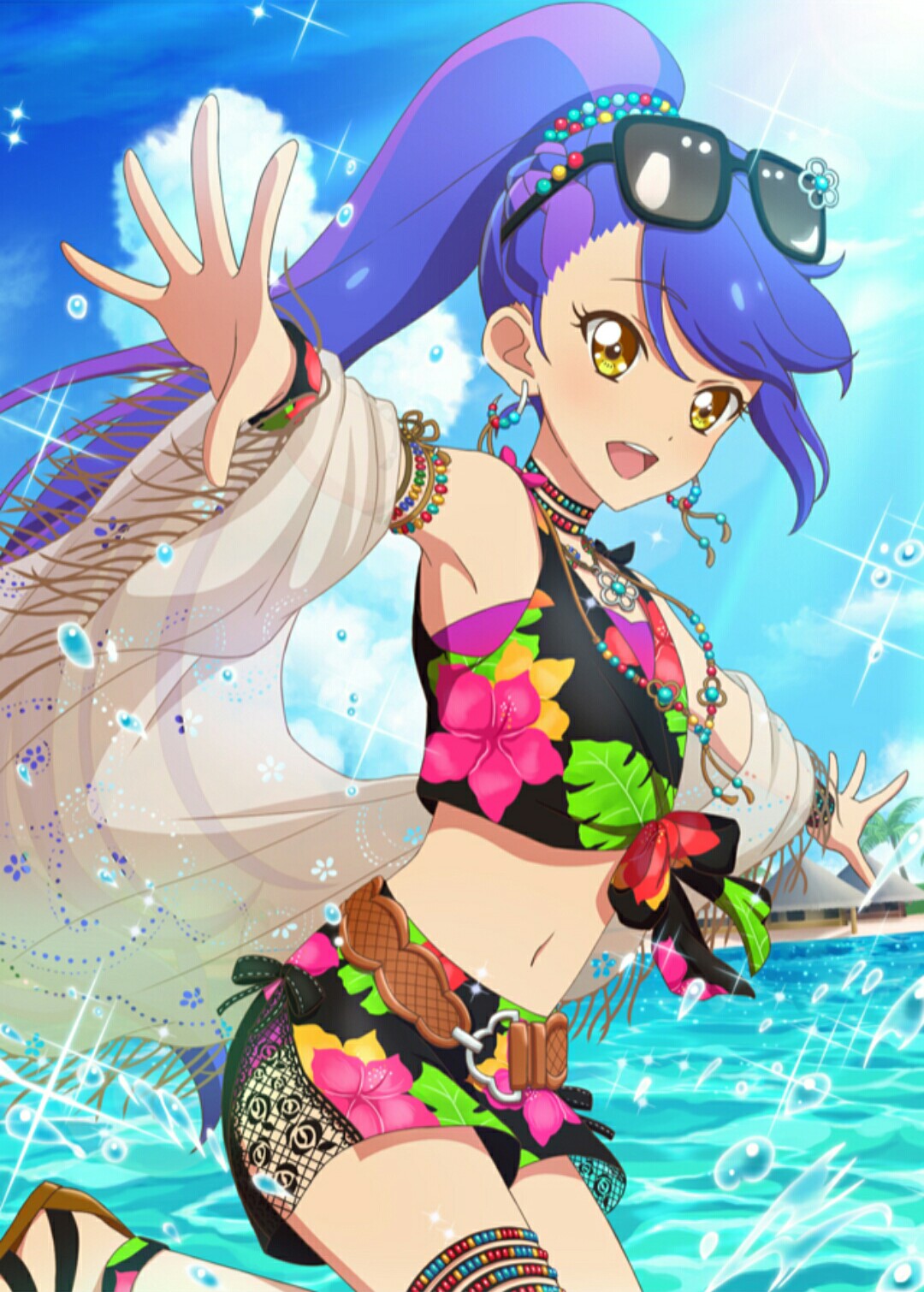 1girl aikatsu! aikatsu!_photo_on_stage!! aikatsu_stars! beach beach_house blue_hair bow bracelet clouds day earrings hibiscus_print highres jewelry kisaragi_tsubasa long_hair multicolored_hair navel necklace open_mouth outstretched_arms palm_tree ponytail sky smile sunglasses swimsuit towel tree water water_drop yellow_eyes