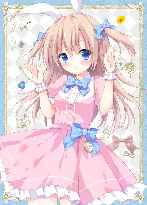 1girl animal_ears argyle argyle_background bangs blue_background blue_bow blue_bowtie blue_eyes blush bow bowtie breasts bunny_pose closed_mouth collared_dress commentary_request cowboy_shot dress eyebrows_visible_through_hair flower frame frilled_cuffs frilled_dress frills hair_bow izuminanase light_brown_hair long_hair original pink_dress pocket_watch rabbit_ears small_breasts smile solo spoon standing striped striped_bow striped_bowtie sunflower two_side_up watch wing_collar wrist_cuffs