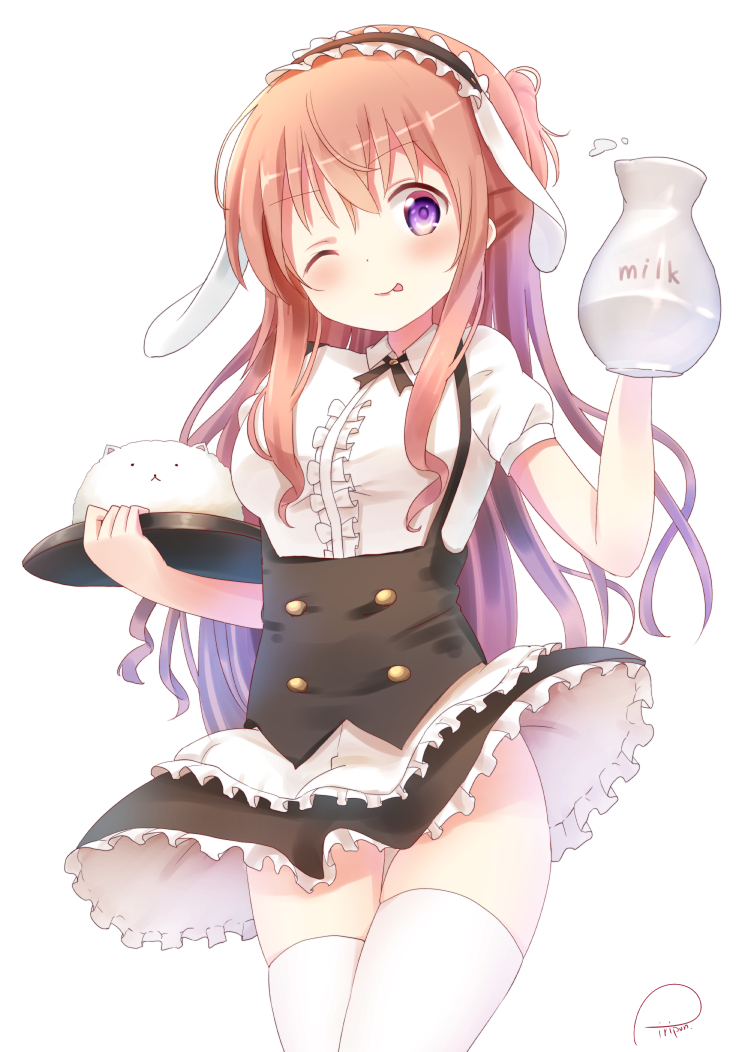 1girl ;p angora_rabbit animal apron artist_name bangs black_skirt blush bolo_tie collared_shirt commentary_request cowboy_shot eyebrows_visible_through_hair fleur_de_lapin_uniform frilled_apron frilled_shirt frilled_skirt frills gochuumon_wa_usagi_desu_ka? holding holding_tray hoto_mocha jug long_hair looking_at_viewer milk no_panties one_eye_closed orange_hair piripun puffy_short_sleeves puffy_sleeves rabbit shirt short_sleeves sidelocks simple_background skirt skirt_lift standing thigh-highs tippy_(gochiusa) tongue tongue_out tray underbust very_long_hair white_apron white_background white_legwear white_shirt wind wind_lift wing_collar