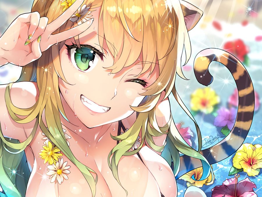 1girl animal_ears armpits bare_shoulders bikini blonde_hair blurry breasts cleavage depth_of_field eyebrows_visible_through_hair flower gradient_hair green_eyes green_hair grin large_breasts looking_at_viewer multicolored_hair nail_polish one_eye_closed outdoors redrop sample smile solo sparkle swimsuit tail tiger_ears tiger_tail toranoana v