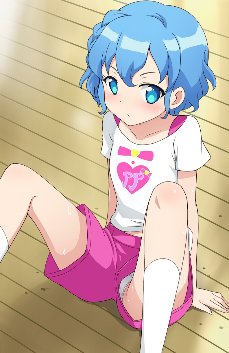 1girl bangs blue_eyes blue_hair blush breasts closed_mouth collarbone dorothy_west frown hand_rest highres itamochi kneehighs looking_at_viewer midriff_peek panties pantyshot pantyshot_(sitting) pink_shorts pripara shadow shirt short_hair shorts sidelocks sitting small_breasts solo spread_legs sweat t-shirt underwear upshorts wavy_hair white_legwear white_shirt wooden_floor