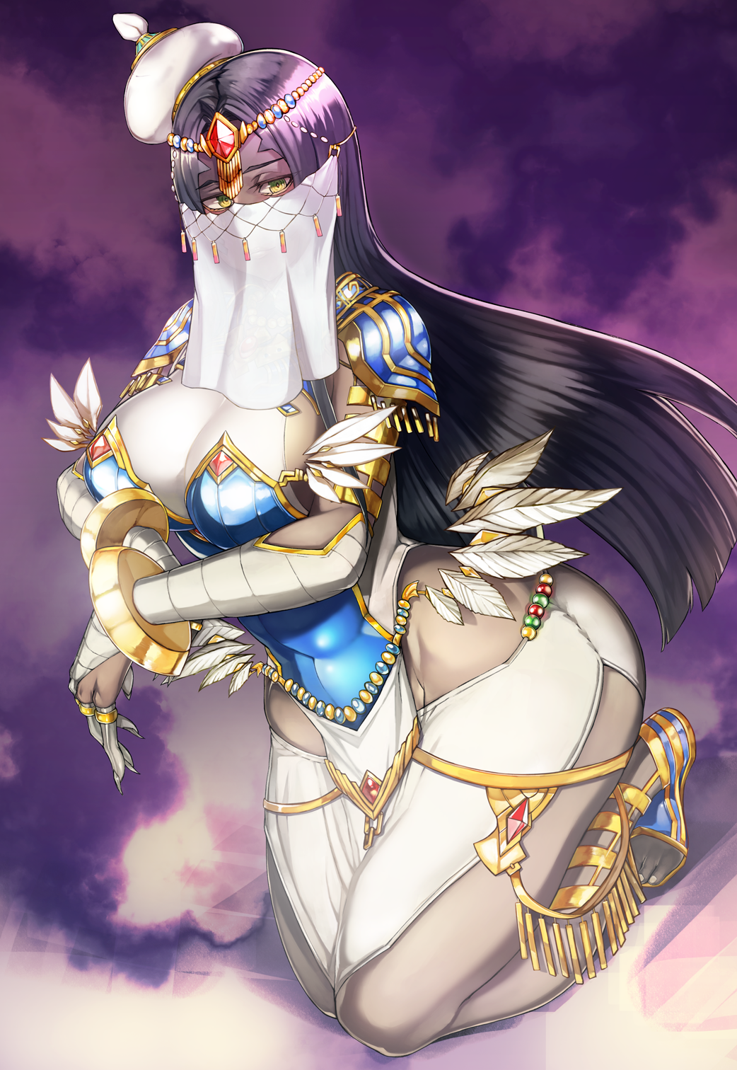 1girl black_hair breasts caster_of_the_nocturnal_castle circlet cleavage covered_navel curvy fate/grand_order fate_(series) green_eyes highres itadaku kneeling large_breasts light_smile long_hair scheherazade_(fate/grand_order) scheherazade_(fate_grand/order) see-through sideboob solo staff thick_thighs thighs very_long_hair wide_hips
