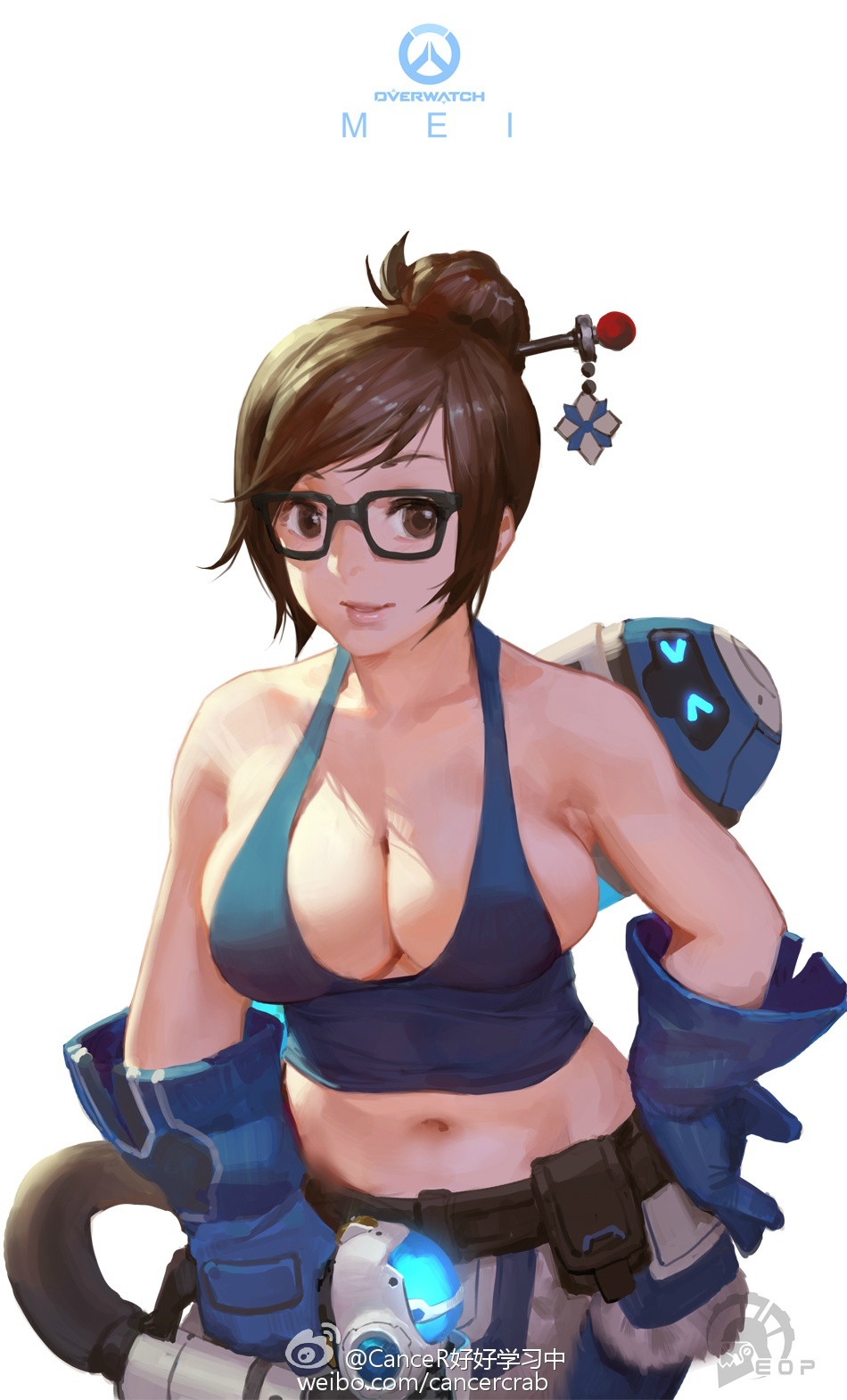 1girl bangs bare_shoulders blue_gloves breasts brown_eyes brown_hair cancer_(zjcconan) cleavage crop_top curvy fur_trim glasses gloves hair_bun hair_ornament hair_stick halterneck hand_on_hip highres large_breasts looking_at_viewer mei_(overwatch) midriff navel overwatch short_hair smile solo swept_bangs tank_top watermark web_address wide_hips