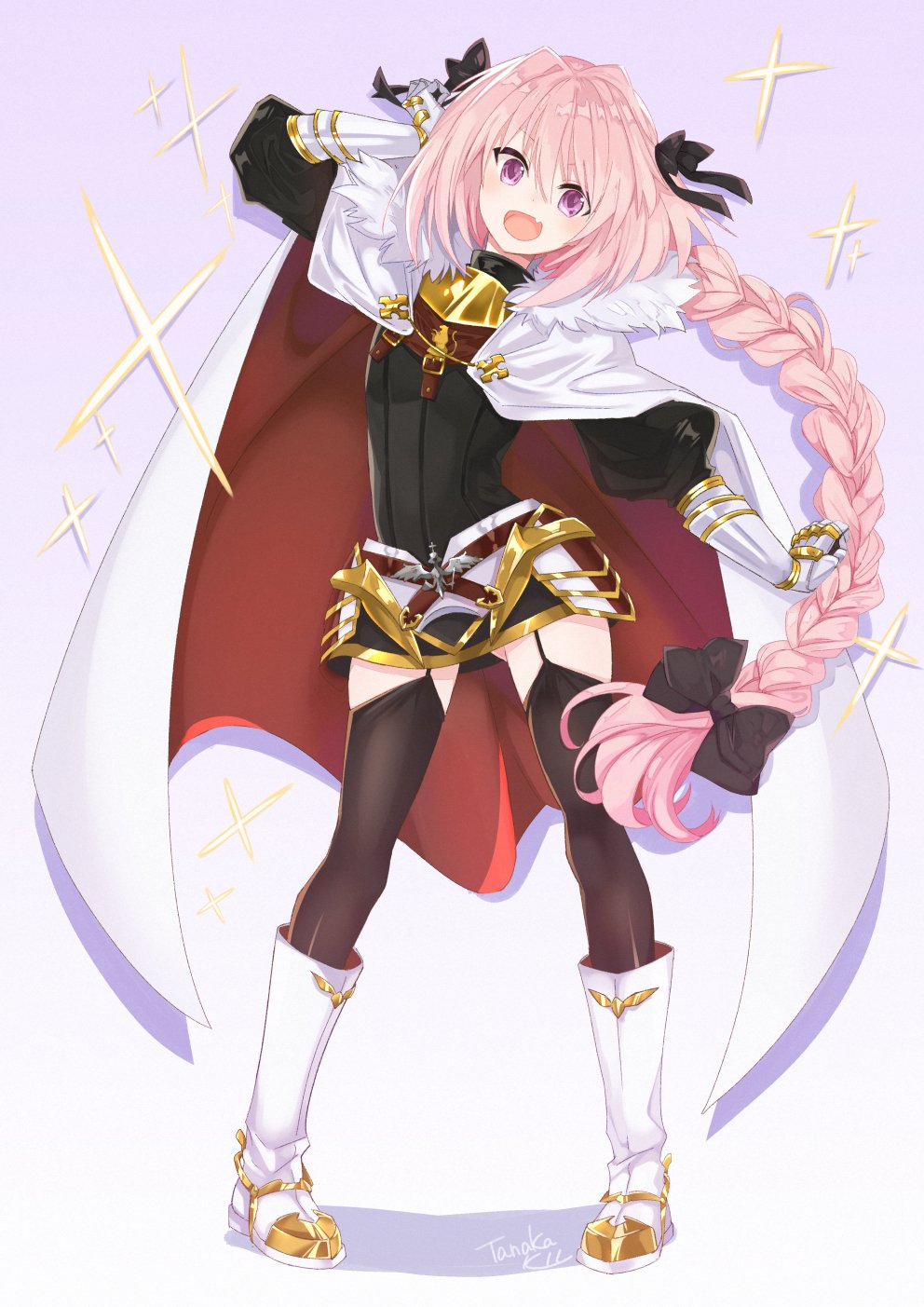 1boy black_legwear blush boots braid cape fang fate/apocrypha fate/grand_order fate_(series) garter_straps gauntlets hair_ribbon highres long_hair male_focus open_mouth pink_hair ribbon rider_of_black single_braid smile solo tanaka_kii thigh-highs very_long_hair violet_eyes