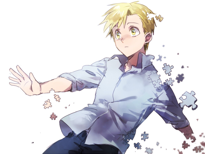 1boy alphonse_elric blonde_hair blue_shirt eyebrows_visible_through_hair fullmetal_alchemist looking_away outstretched_hand pants puzzle_piece riru shirt shocked_eyes short_hair simple_background solo_focus too_many white_background yellow_eyes