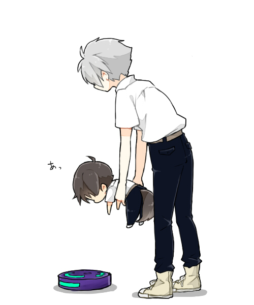 2boys animal_ears brown_hair chibi dog_ears dog_tail grey_hair ikari_shinji male_focus miniboy multiple_boys nagisa_kaworu neon_genesis_evangelion roomba tail