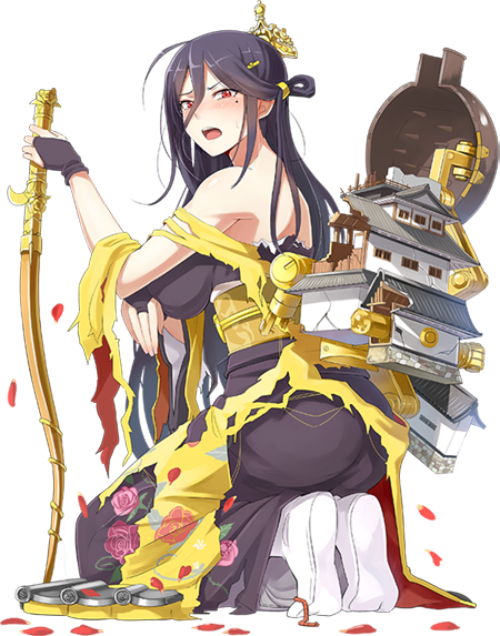 1girl bare_shoulders black_hair bow_(weapon) breasts castle crown emerane fingerless_gloves from_side full_body gloves hair_between_eyes holding holding_bow_(weapon) holding_weapon japanese_clothes kimono large_breasts long_hair mole mole_under_eye official_art oshiro_project oshiro_project_re petals red_eyes seiza sitting tamonyama_(oshiro_project) torn_clothes torn_kimono transparent_background very_long_hair weapon yuujou