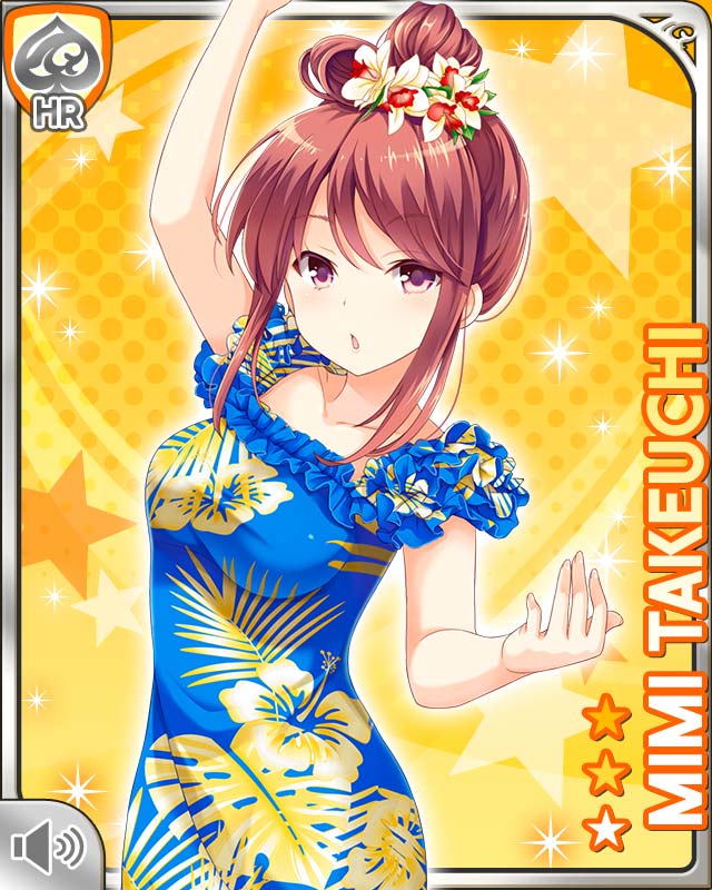 1girl blue_dress brown_eyes brown_hair character_name collarbone dancing dress floral_print flower girlfriend_(kari) hair_bun hair_flower hair_ornament hibiscus_print hula orchid outstretched_arms star starry_background takeuchi_mimi yellow_background