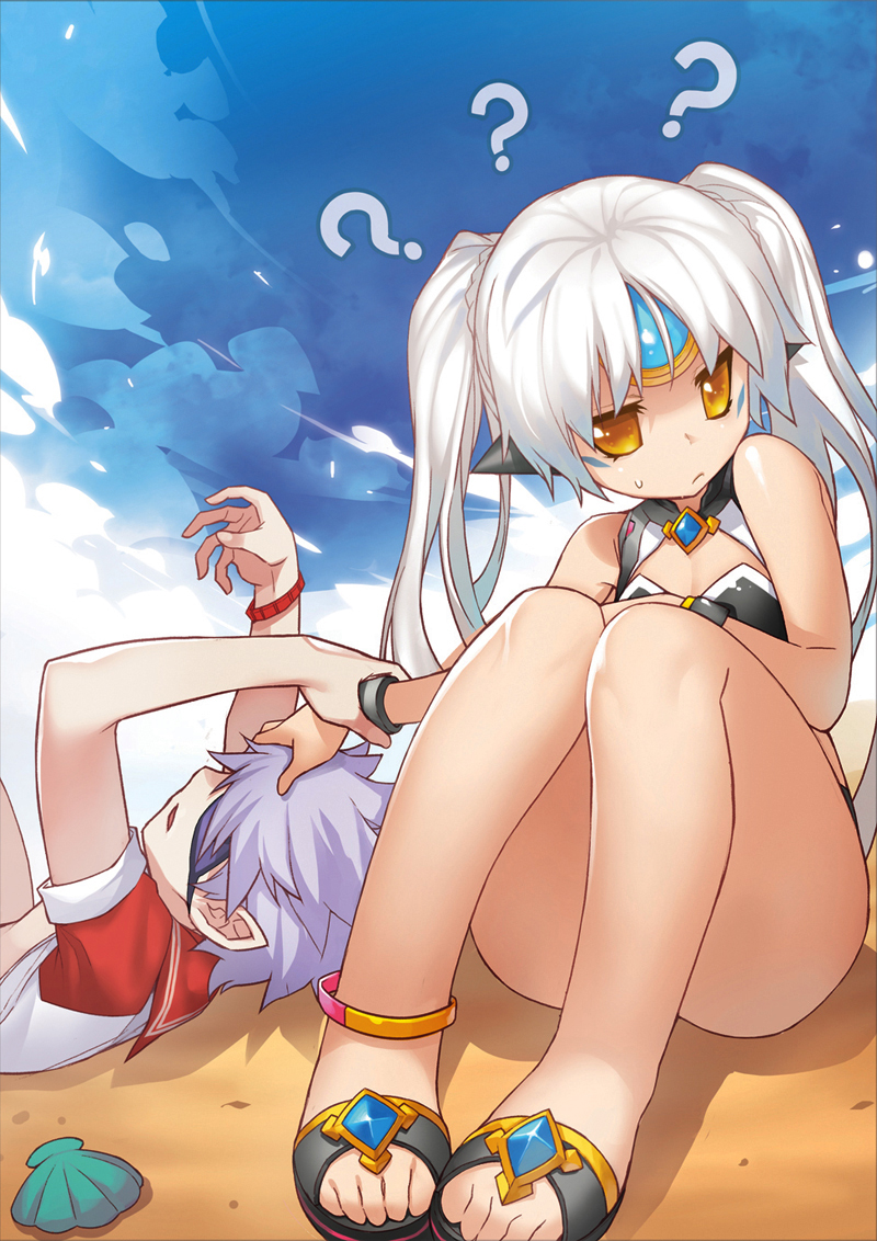 1boy 1girl ? add_(elsword) alternate_costume alternate_hairstyle anklet elsword eve_(elsword) eyepatch facial_mark feet hand_on_another's_head jewelry octoman open_mouth outdoors sand sandals seashell shell sweatdrop swimsuit toes twintails white_hair yellow_eyes