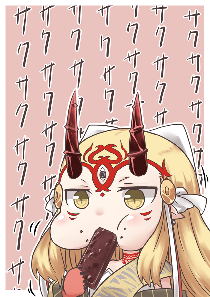 1girl blonde_hair chibi chocolate chocolate_bar eating facial_mark fate/grand_order fate_(series) horns ibaraki_douji_(fate/grand_order) japanese_clothes kimono long_hair oni_horns puffy_cheeks solo upper_body yellow_eyes yume_(i_think.)