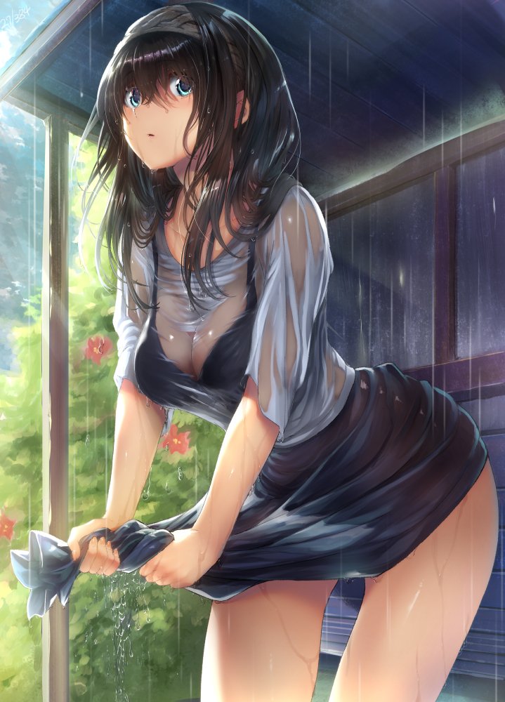 1girl bangs black_bra black_hair blue_eyes blue_skirt bra breasts cleavage collarbone commentary_request eyebrows_visible_through_hair eyes_visible_through_hair hairband hips idolmaster idolmaster_cinderella_girls large_breasts long_hair looking_at_viewer murasame_nohito outdoors parted_lips rain sagisawa_fumika see-through skirt solo thighs underwear wet wet_clothes wringing_clothes wringing_skirt