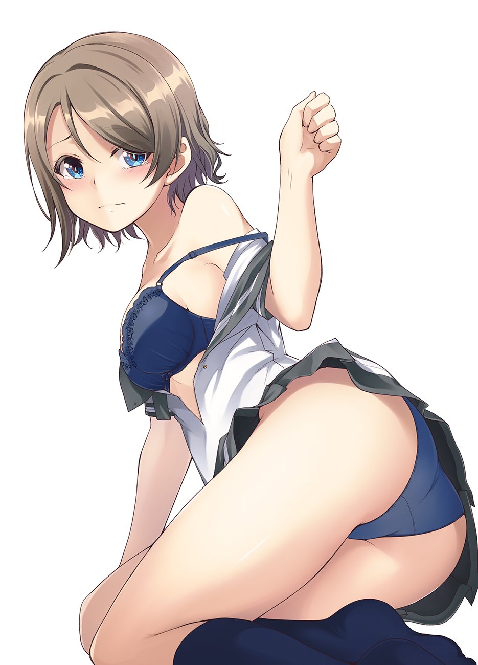 1girl ass blue_bra blue_eyes blue_panties blush bra breasts brown_hair closed_mouth highres kneehighs love_live! love_live!_sunshine!! medium_breasts nanotsuki navy_blue_legwear off_shoulder open_clothes panties short_hair simple_background solo strap_slip tears underwear watanabe_you white_background