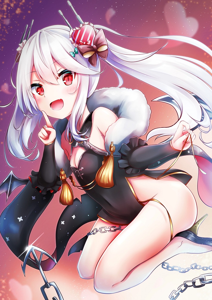 1girl :d anchor aqua_bow azur_lane bangs bare_shoulders bat_wings black_bow black_dress black_footwear blush bow breasts chains china_dress chinese_clothes cleavage covered_navel detached_sleeves dress eyebrows eyebrows_visible_through_hair eyelashes eyes_visible_through_hair fang finger_to_mouth fingernails frilled_sleeves frills fur_trim hair_between_eyes hair_bow hair_ornament heart heart_hair_ornament high_heels highres leaning leaning_forward long_hair microdress no_panties open_mouth palms red_eyes renka_(cloudsaikou) sidelocks sitting sleeveless sleeveless_dress slit_pupils small_breasts smile solo sparkle tassel tongue twintails vampire_(azur_lane) wariza white_hair wings