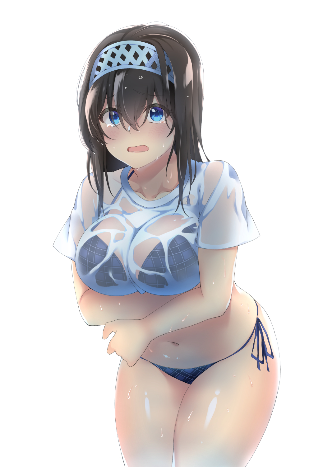 bangs bikini bikini_under_clothes black_hair blue_eyes blush breast_hold breasts checkered checkered_bikini commentary_request eyebrows_visible_through_hair hair_between_eyes hairband highres idolmaster idolmaster_cinderella_girls large_breasts leaning_forward long_hair looking_at_viewer navel open_mouth sagisawa_fumika see-through shiny shiny_skin shirt short_sleeves side-tie_bikini simple_background spicy_moo standing swimsuit tears thighs wet wet_clothes wet_shirt white_background white_shirt