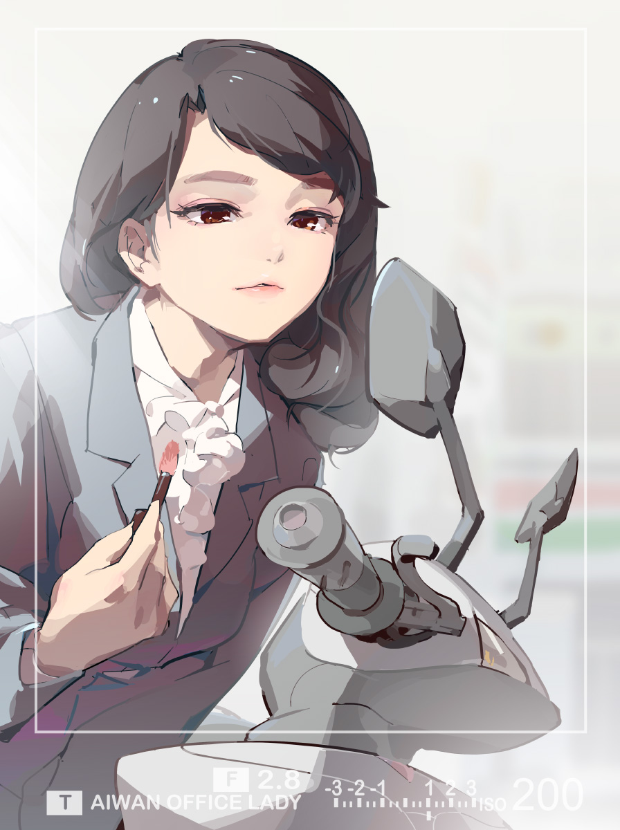 1girl applying_makeup black_hair black_suit brown_eyes commentary_request formal ground_vehicle highres holding_brush long_hair long_sleeves looking_at_viewer makeup_brush motor_vehicle motorcycle office_lady original pink_lips shirt solo tennohi text upper_body white_shirt