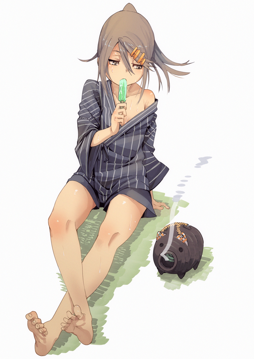 1girl bangs bare_legs barefoot blush brown_eyes brown_hair commentary_request eating feet food fu-ta hair_ornament hairclip highres incense japanese_clothes kayari_buta kimono long_hair long_sleeves mosquito_coil mouth_hold off_shoulder open_mouth original ponytail popsicle shorts simple_background sitting soles solo spread_toes sweat toes usami_taiga white_background wide_sleeves yukata