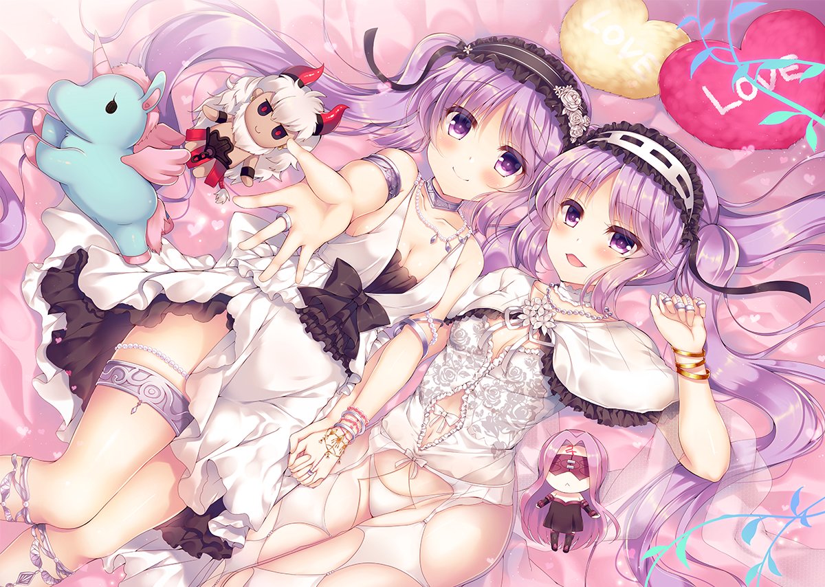 2girls euryale fate/grand_order fate/hollow_ataraxia fate_(series) long_hair multiple_girls purple_hair stheno suzune_rena twintails violet_eyes