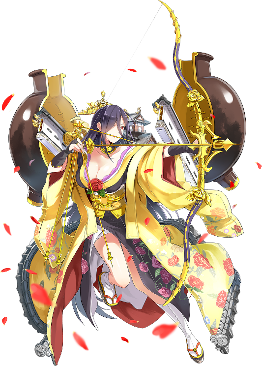 1girl arrow bare_shoulders black_hair bow_(weapon) breasts castle cleavage crown emerane fingerless_gloves full_body gloves hair_between_eyes hair_over_one_eye japanese_clothes kimono large_breasts long_hair mole mole_under_eye official_art oshiro_project oshiro_project_re petals red_eyes smile tamonyama_(oshiro_project) transparent_background very_long_hair weapon yuujou