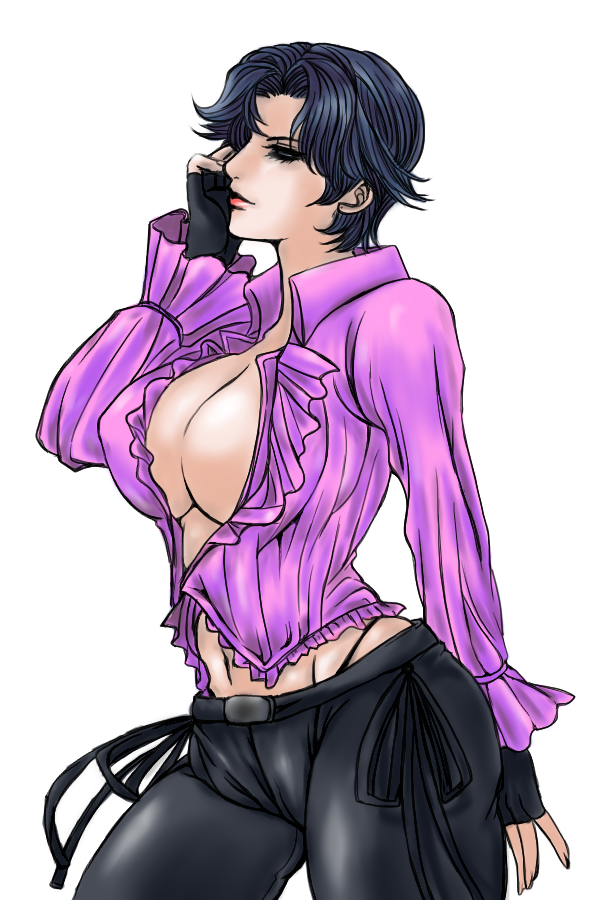 1girl black_hair breasts cleavage commentary_request dress_shirt female fingerless_gloves genderswap genderswap_(mtf) gloves highleg highleg_panties large_breasts lee_chaolan navel no_bra panties pants purple_shirt r_(pixiv2891716) shirt solo tekken underwear