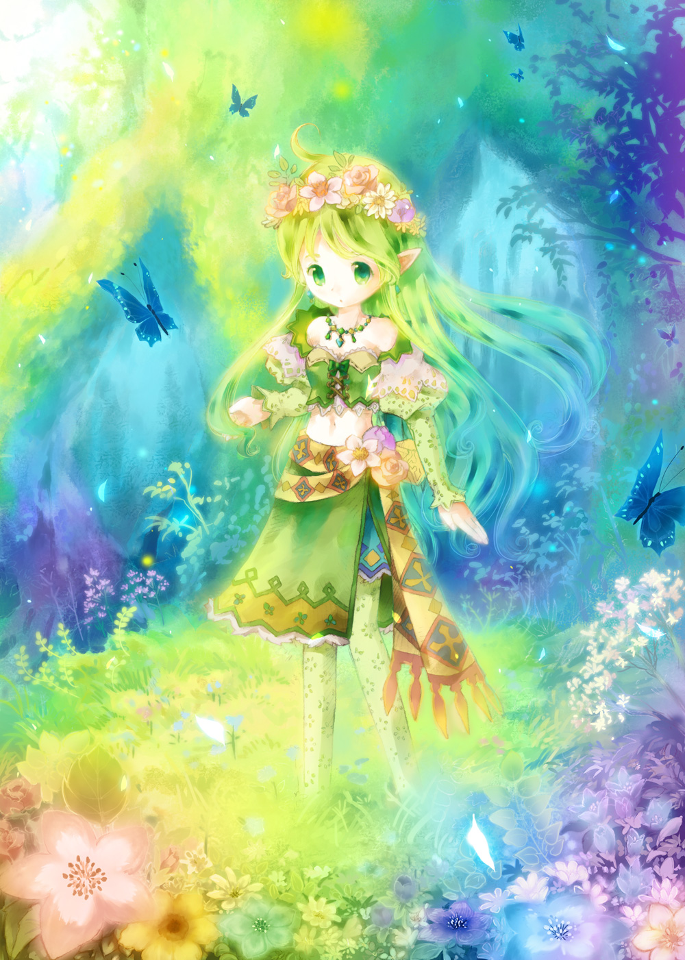 1girl ahoge bare_shoulders blue_hair butterfly colorful commentary corset flower gradient_hair green_clothes green_eyes green_hair green_legwear head_wreath highres jewelry juliet_sleeves long_hair long_sleeves multicolored_hair necklace original pantyhose pointy_ears puffy_sleeves seiko_p solo standing tareme