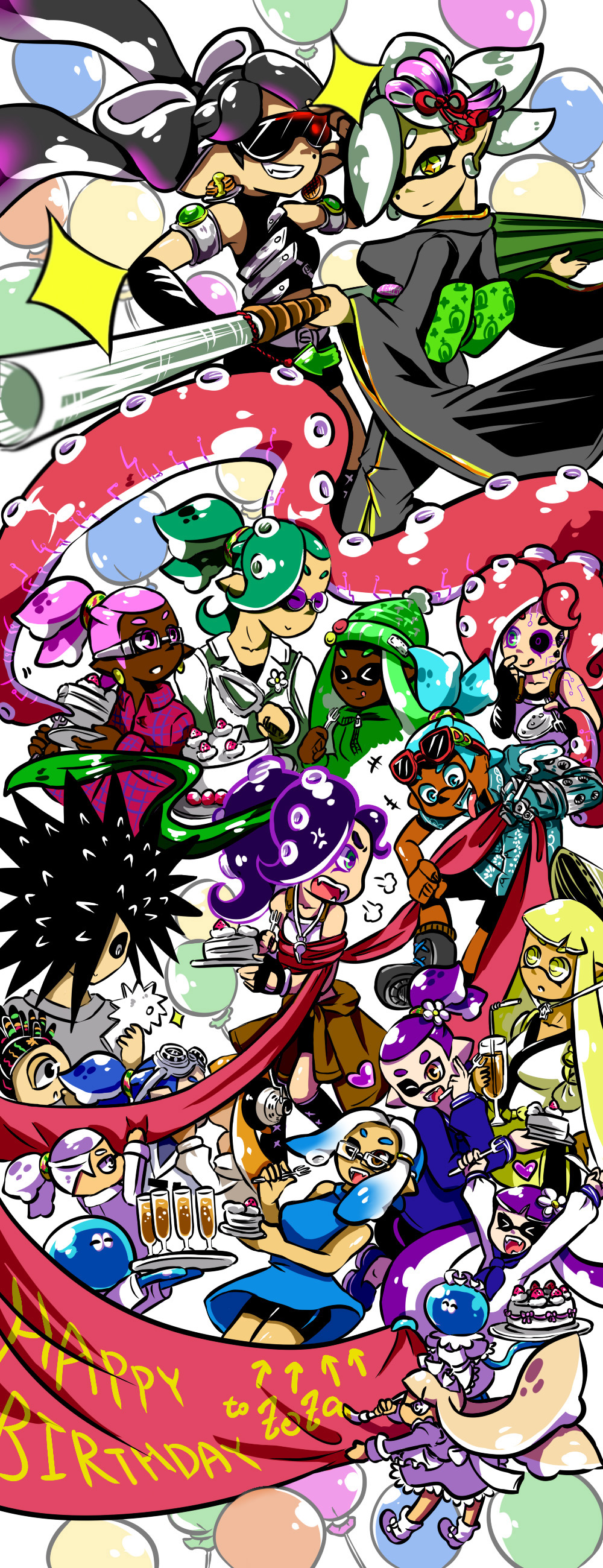 &gt;_&lt; 6+boys 6+girls :p absurdres adjusting_sunglasses ajirogasa alcohol anger_vein angry aori aori_(splatoon) apron aqua_hair aqua_shirt arm_grab armlet armor arms_up artist_name artist_self-insert balloon bangs banner beanie beauty_(zoza) bike_shorts biscuit_(zoza) black_boots black_gloves black_hair black_kimono black_shorts black_skin blonde_hair blouse blue_blouse blue_dress blunt_bangs boots bound brown_eyes butler cake candy_(zoza) cellphone champagne closed_eyes commentary cookie_(zoza) crazy_(zoza) cross-laced_footwear cup dark_skin daunii_(splatoon) detached_sleeves donut_(zoza) dress drinking_glass earrings eating english flower food foreshortening fork fume genteel_(zoza) glasses gloves goggles goggles_on_head green_eyes green_hair green_hat grey_hair hair_flower hair_ornament halterneck hat hawaiian_shirt headphones heart highres holding holding_cellphone holding_phone hood hoodie hotaru_(splatoon) inkling japanese_clothes jewelry kimono kiss knee_boots knife lollipop_(zoza) long_hair long_sleeves looking_at_another looking_back maid maid_apron maid_headdress mary_janes mechanical_arm medium_dress mole mole_under_eye multiple_boys multiple_girls octarian one_eye_closed open_mouth pancake_(zoza) phone plaid plaid_shirt pretty_(zoza) pudding_(zoza) purple_dress purple_hair purple_shoes rectangular_glasses red_shirt redhead sane_(zoza) school_uniform scrunchie serafuku shirt shoes short_hair shorts single_vertical_stripe sleeveless sleeveless_dress smartphone smile socks spiky_hair splatoon standing sunglasses sunglasses_on_head tentacle_hair tied_up tongue tongue_out topknot tray umbrealla violet_eyes waffle_(zoza) whistle white_blouse white_hair white_legwear wine_glass yellow_eyes zoza