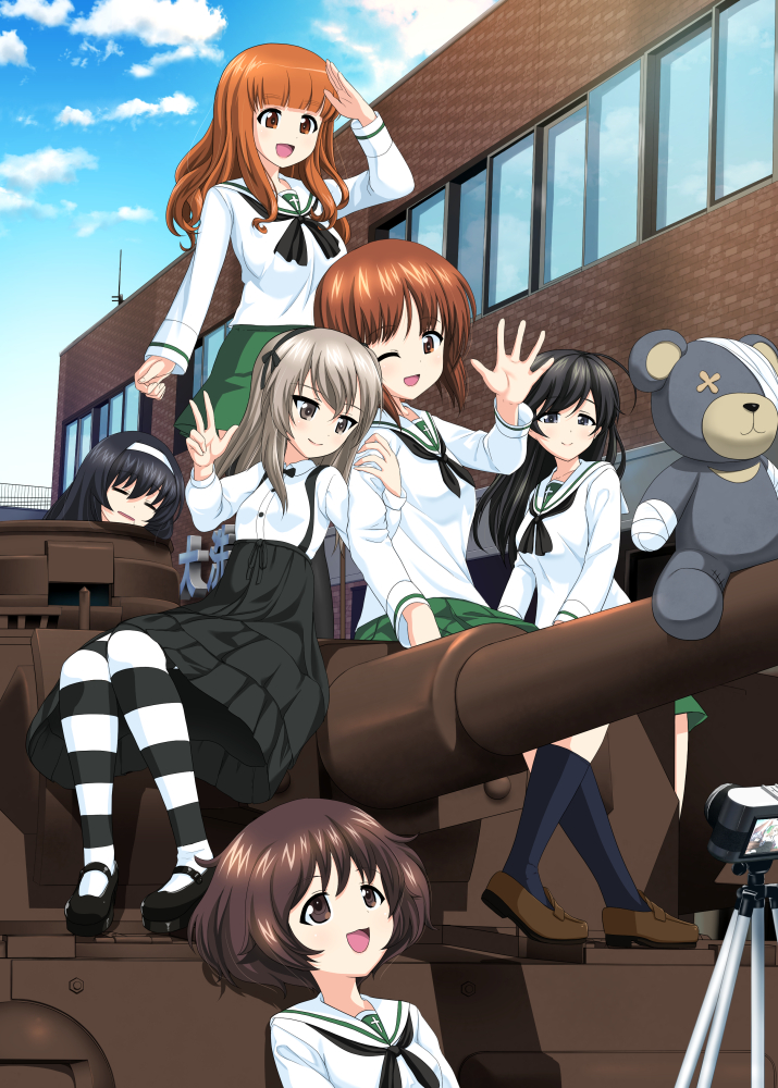 6+girls ahoge akiyama_yukari arm_grab back-to-back bandage bangs black_bow black_bowtie black_eyes black_hair black_legwear black_neckerchief black_ribbon black_shoes blouse blunt_bangs boko_(girls_und_panzer) bow bowtie brown_eyes brown_hair brown_shoes building camera casual closed_eyes closed_mouth clouds cloudy_sky collared_shirt day error excel_(shena) girls_und_panzer green_skirt ground_vehicle hair_ribbon hairband high-waist_skirt isuzu_hana light_brown_hair loafers long_hair long_sleeves looking_at_another looking_back mary_janes medium_skirt messy_hair military military_vehicle miniskirt motor_vehicle multiple_girls neckerchief nishizumi_miho one_eye_closed ooarai_(ibaraki) ooarai_school_uniform open_mouth orange_eyes orange_hair outdoors panzerkampfwagen_iv parted_lips pleated_skirt reizei_mako ribbon salute school_uniform serafuku shimada_arisu shirt shoes short_hair side_ponytail sitting skirt sky sleeping smile socks standing striped striped_legwear stuffed_animal stuffed_toy suspender_skirt suspenders takebe_saori tank teddy_bear thigh-highs tripod w waving white_blouse white_hairband white_shirt