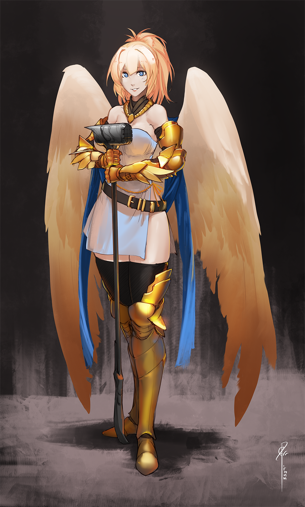 1girl angel angel_wings arm_armor belt black_background blue_eyes gold_armor gold_necklace hammer highres holding holding_weapon jewelry leg_armor less looking_at_viewer metal_boots metal_gloves no_bra no_panties orange_hair ponytail scarf signature simple_background smile solo thigh-highs warhammer weapon white_pupils wings