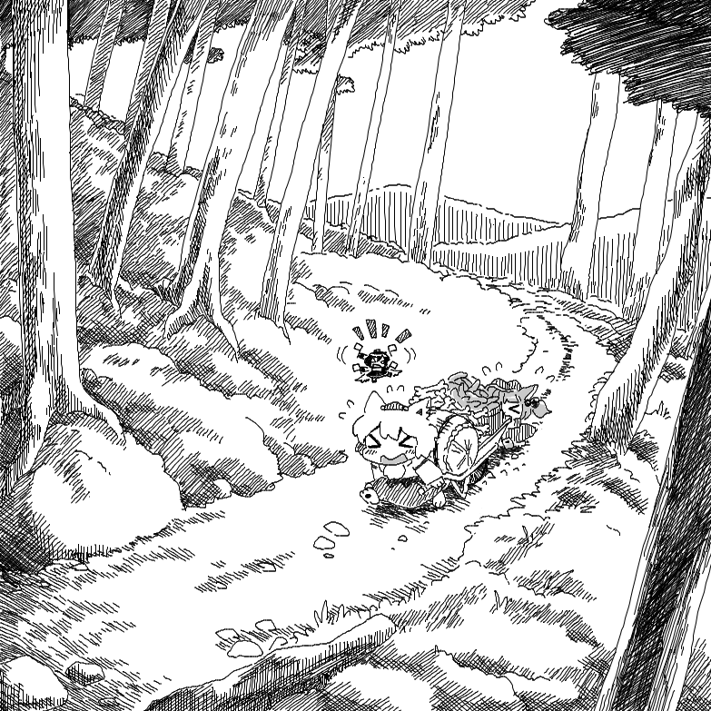 &gt;_&lt; 3girls :o bon_(rump) bush cart closed_eyes cucumber forest greyscale hair_bobbles hair_ornament inubashiri_momiji kawashiro_nitori landscape monochrome mountain multiple_girls nature running shameimaru_aya touhou tree