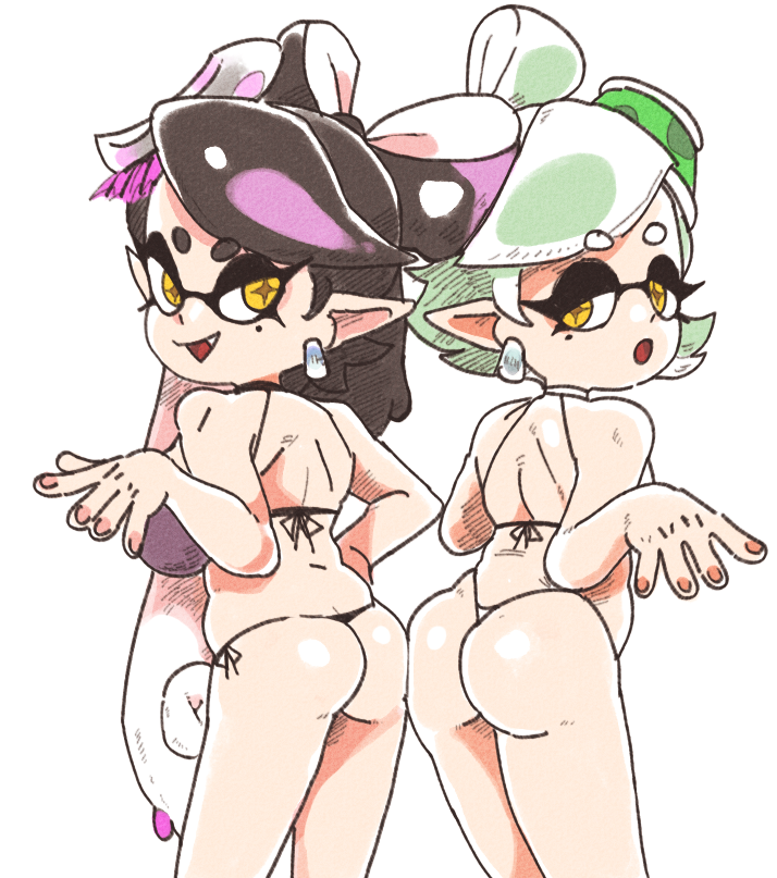 +_+ 2girls aori_(splatoon) ass ass-to-ass ass_press bare_shoulders belly bikini black_bikini black_hair breasts commentary eyebrows fang green_hair hotaru_(splatoon) inkerton-kun large_breasts long_hair looking_at_viewer looking_back mole mole_under_eye multiple_girls parted_lips pointy_ears short_hair simple_background skindentation splatoon swimsuit tentacle_hair thighs very_long_hair white_background yellow_eyes
