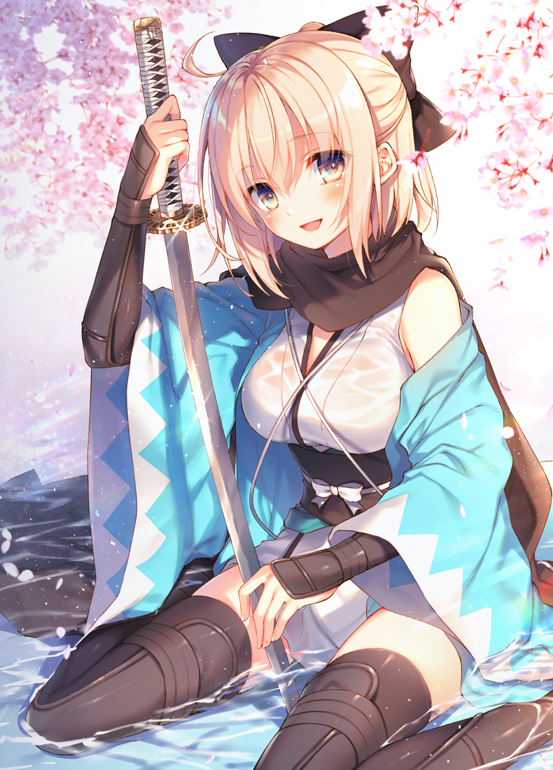 1girl ahoge bare_shoulders blonde_hair blush breasts brown_eyes cherry_blossoms detached_sleeves fate/grand_order fate_(series) hair_ribbon japanese_clothes katana kimono large_breasts looking_at_viewer obi open_mouth partially_submerged petals planted_sword planted_weapon sakura_saber sash scarf shinsengumi short_kimono smile solo sword thigh-highs thighs toosaka_asagi weapon wet wet_clothes wide_sleeves