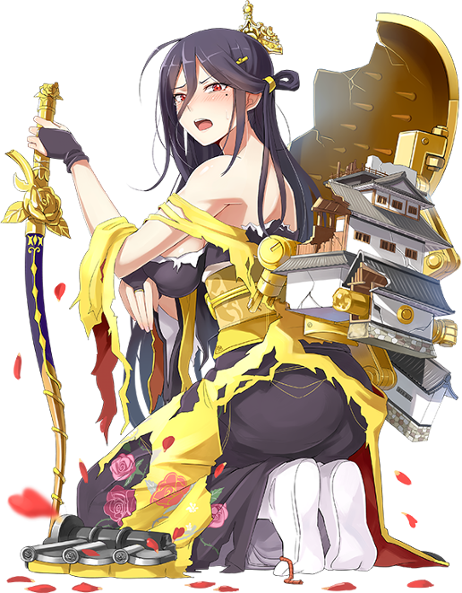 1girl bare_shoulders black_hair bow_(weapon) breasts castle crown emerane fingerless_gloves from_side full_body gloves hair_between_eyes holding holding_bow_(weapon) holding_weapon japanese_clothes kimono large_breasts long_hair mole mole_under_eye official_art oshiro_project oshiro_project_re petals red_eyes seiza sitting tamonyama_(oshiro_project) torn_clothes torn_kimono transparent_background very_long_hair weapon yuujou