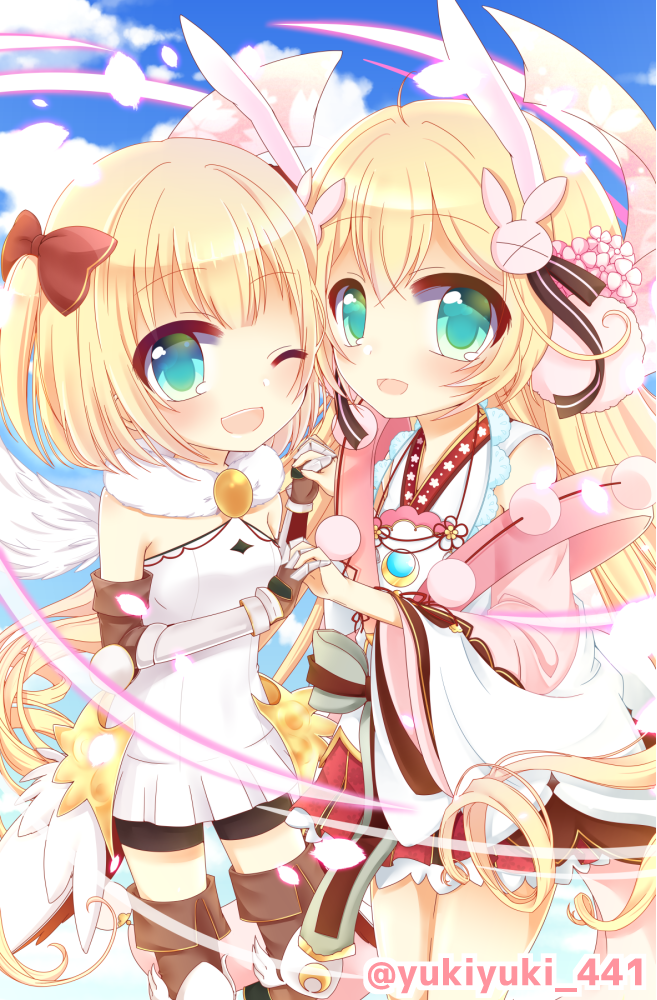 2girls :d ;d animal_ears bangs blonde_hair blue_sky blush boots bow brown_gloves brown_legwear bunny_hair_ornament clouds commentary_request dress elbow_gloves eyebrows_visible_through_hair feathered_wings flower fur_collar gloves green_eyes hair_between_eyes hair_bow hair_flower hair_ornament hand_holding interlocked_fingers japanese_clothes kimono long_hair long_sleeves looking_at_viewer maaru_(shironeko_project) multiple_girls one_eye_closed one_side_up open_mouth pink_flower pleated_dress pleated_skirt rabbit_ears red_bow red_skirt shironeko_project short_kimono skirt sky sleeveless sleeveless_dress smile thigh-highs thigh_boots tsukimi_(shironeko_project) twitter_username very_long_hair white_dress white_kimono white_wings wide_sleeves wings yukiyuki_441