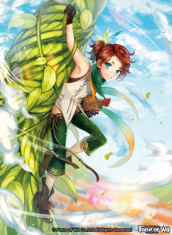 1boy bandaid bandaid_on_nose bare_shoulders belt bird boots brown_hair chicken clouds copyright_name feathers force_of_will gloves green_eyes leaf male_focus matsurika_youko official_art plant ponytail sky vines