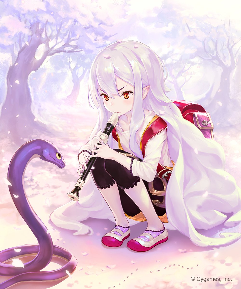 1girl absurdly_long_hair ant backpack bag bike_shorts black_shorts cherry_blossoms company_name day eyelashes fingernails full_body granblue_fantasy hair_between_eyes highres hisakata_souji holding holding_instrument instrument long_hair long_sleeves medusa_(shingeki_no_bahamut) music orange_eyes orange_shorts outdoors petals playing_instrument pointy_ears purple_legwear randoseru recorder shingeki_no_bahamut shirt shoes short_shorts shorts shorts_under_shorts sidelocks sleeves_past_elbows snake snake_charmer solo squatting tree uwabaki very_long_hair white_hair white_shirt white_shoes