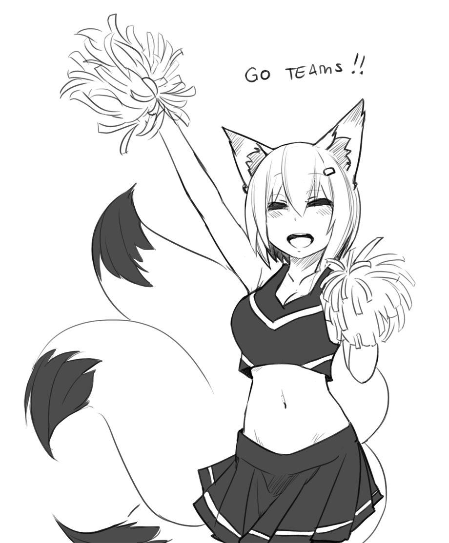 1girl :d animal_ears arm_up breasts cheerleader closed_eyes collarbone earrings eyebrows_visible_through_hair facing_viewer fox_ears fox_girl fox_tail greyscale hair_ornament hairpin happy jewelry less medium_breasts midriff monochrome multiple_tails navel open_mouth pom_poms simple_background skirt smile solo sports_bra tail text white_background