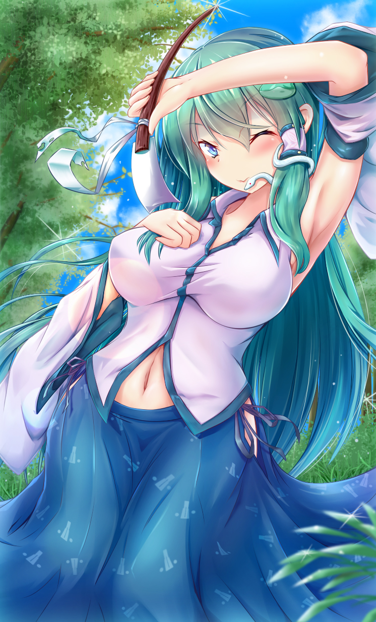 1girl arm_up armpits bangs blue_skirt breasts closed_mouth commentary_request day detached_sleeves frog_hair_ornament gohei green_hair hair_ornament hair_tubes haru_(hottikisu25) highres holding kochiya_sanae large_breasts long_hair long_skirt looking_at_viewer navel one_eye_closed outdoors side_slit skirt snake_hair_ornament solo touhou