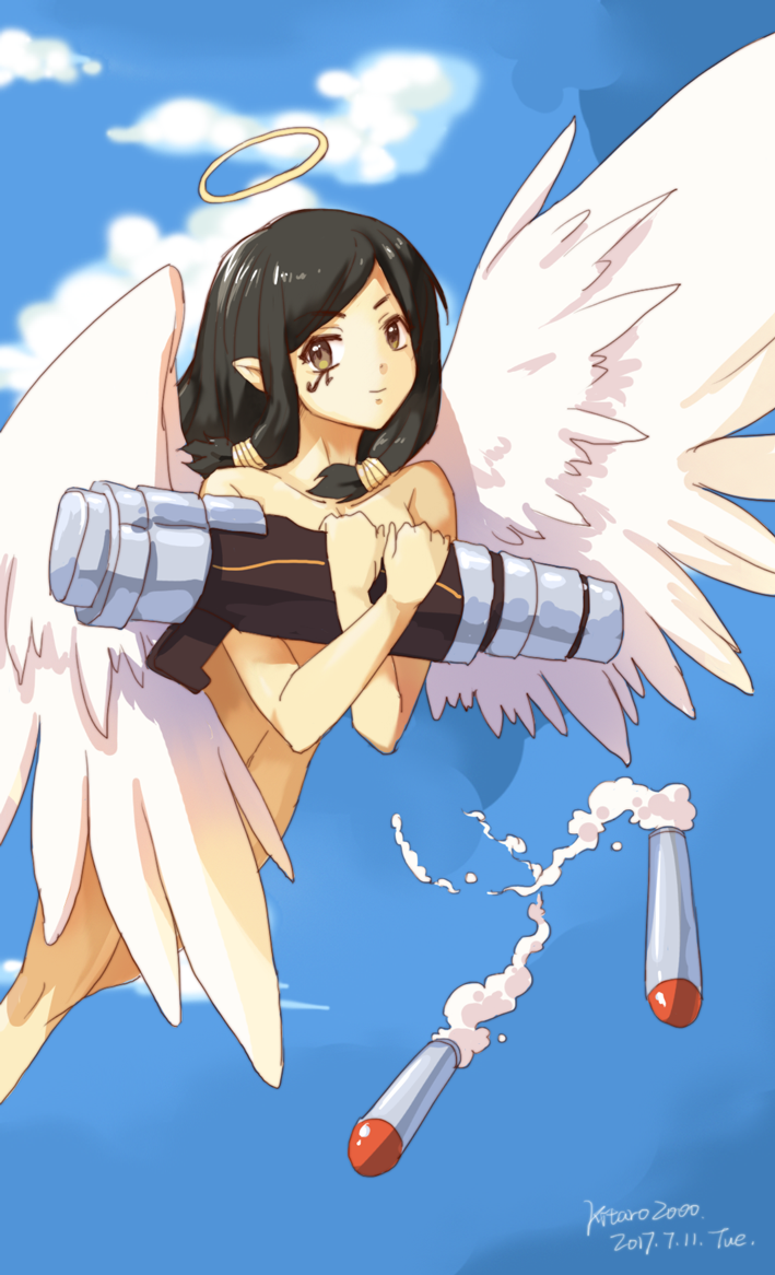 1girl 2017 angel angel_wings artist_name bangs bare_arms bare_legs bare_shoulders black_hair blue_sky brown_eyes closed_mouth clouds cloudy_sky collarbone cowboy_shot dated day eye_of_horus eyebrows_visible_through_hair facial_mark facial_tattoo feathered_wings gun hair_tubes halo holding holding_gun holding_weapon kitaro2000 midair missile navel outdoors overwatch pharah_(overwatch) pointy_ears rocket_launcher sidelocks signature sky smile smoke solo spread_wings swept_bangs tattoo weapon white_wings wings