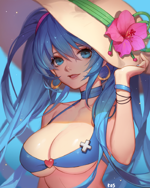 1girl arm_up bare_shoulders bikini_top blue_background blue_bikini_top blue_choker blue_eyes blue_hair bracelet breasts cleavage collarbone flower hair_between_eyes hand_on_headwear hat hat_flower heart hibiscus jewelry large_breasts league_of_legends long_hair looking_at_viewer open_mouth simple_background smile solo sona_buvelle songjikyo sun_hat upper_body