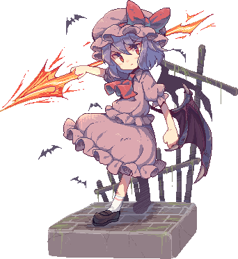&gt;:( 1girl ankle_socks ascot bangs bat bat_wings bow brick_floor clenched_hand closed_mouth cross frilled_shirt frilled_skirt frilled_sleeves frills frown full_body hair_between_eyes hat hat_bow hat_ribbon holding holding_weapon loafers lowres mob_cap moss outstretched_arms pink_shirt pink_skirt pixel_art puffy_short_sleeves puffy_sleeves purple_hair red_bow red_eyes red_ribbon remilia_scarlet ribbon shirt shoes short_hair short_sleeves skirt socks solo spear_the_gungnir standing touhou usamata weapon white_legwear wings