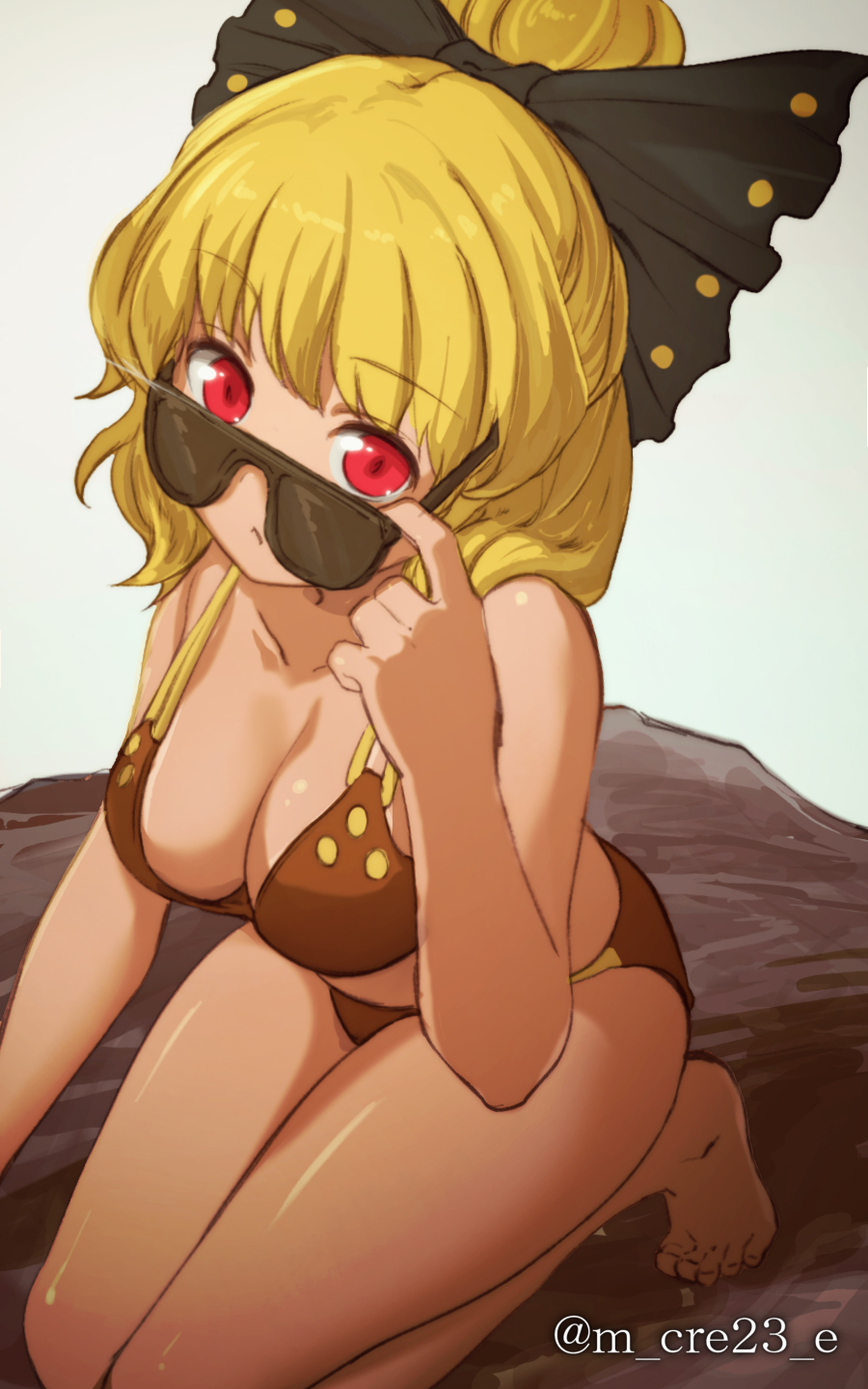 1girl bare_arms bare_legs barefoot black_bow blonde_hair bow brown_bikini eyebrows_visible_through_hair hair_bow highres kneeling kurodani_yamame leaning_forward legs_together looking_at_viewer mikami_yuuki_(nl8you) red_eyes shiny shiny_skin silver_background solo sunglasses touhou twitter_username