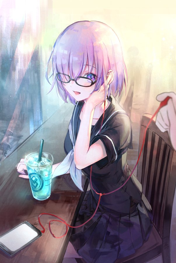 1girl azutarou black-framed_eyewear blurry breasts depth_of_field digital_media_player earphones fate/grand_order fate_(series) glint hair_over_one_eye hand_on_ear indoors looking_at_viewer medium_breasts open_mouth pleated_skirt pov purple_hair school_uniform serafuku shared_earphones shielder_(fate/grand_order) short_hair sitting skirt smile solo_focus violet_eyes