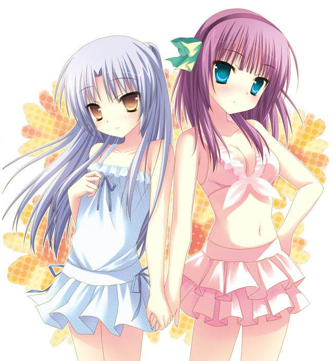 2girls angel_beats! bikini bikini_skirt blue_eyes blue_swimsuit bow breasts casual_one-piece_swimsuit cleavage collarbone cowboy_shot eyebrows_visible_through_hair green_bow hair_bow hairband hand_holding hand_on_hip head_tilt layered_bikini long_hair looking_at_viewer multiple_girls navel one-piece_swimsuit purple_hair purple_hairband silver_hair simple_background standing swimsuit tachibana_kanade toranosuke white_background white_bikini yellow_eyes yuri_(angel_beats!)