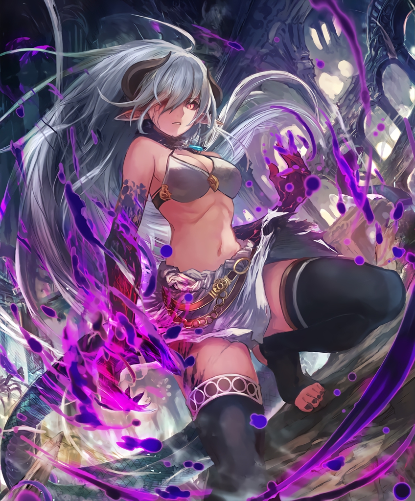 1girl artist_request black_nails black_sclera black_skin claws cracked_skin cygames demon_girl demon_horns demon_tail horns kneeling long_hair looking_at_viewer multicolored multicolored_skin nail_polish official_art one_eye_covered pointy_ears red_eyes revealing_clothes ruins safira_synthetic_beast shadowverse shingeki_no_bahamut slit_pupils tail thigh-highs toeless_legwear torn_clothes veins white_hair