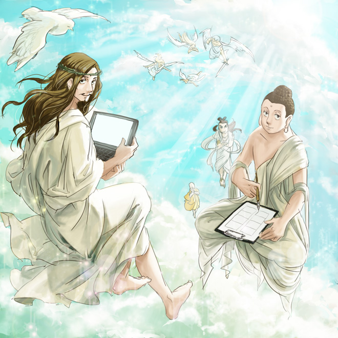 bare_shoulders beard bird brown_eyes brown_hair buddha_(saint_onii-san) collarbone computer facial_hair full_body holding jesus_(saint_onii-san) long_hair looking_at_viewer mustache saint_onii-san sassa_(cb) smile sunlight